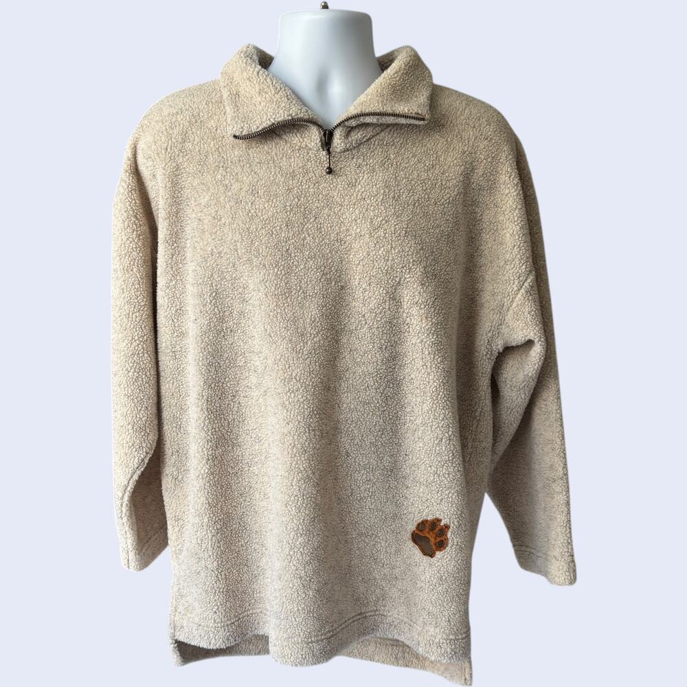 Coldwater Creek Cozy Fleece Pullover Beige Quarter Zip Paw Print Casual